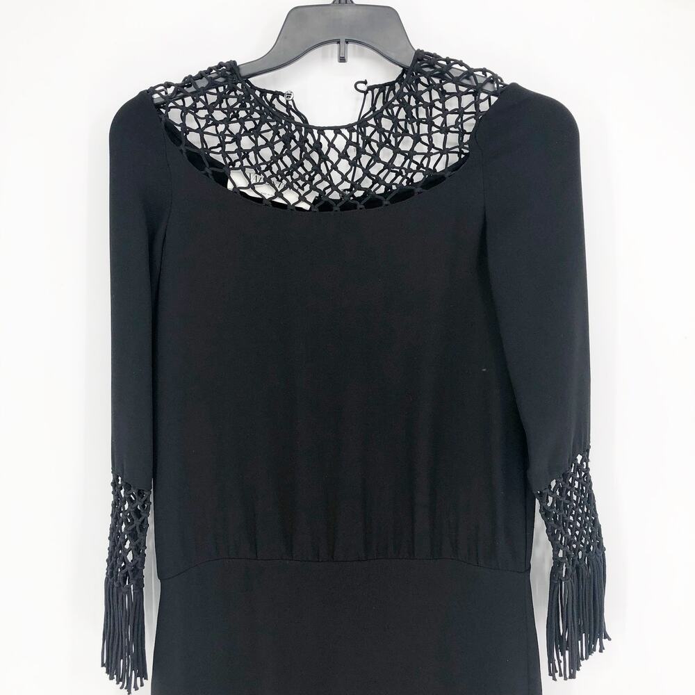 VALENTINO GARAVANI Midi Dress 4 Black Fringed Macramé-Paneled Silk-Crepe FLAW - Picture 4 of 16